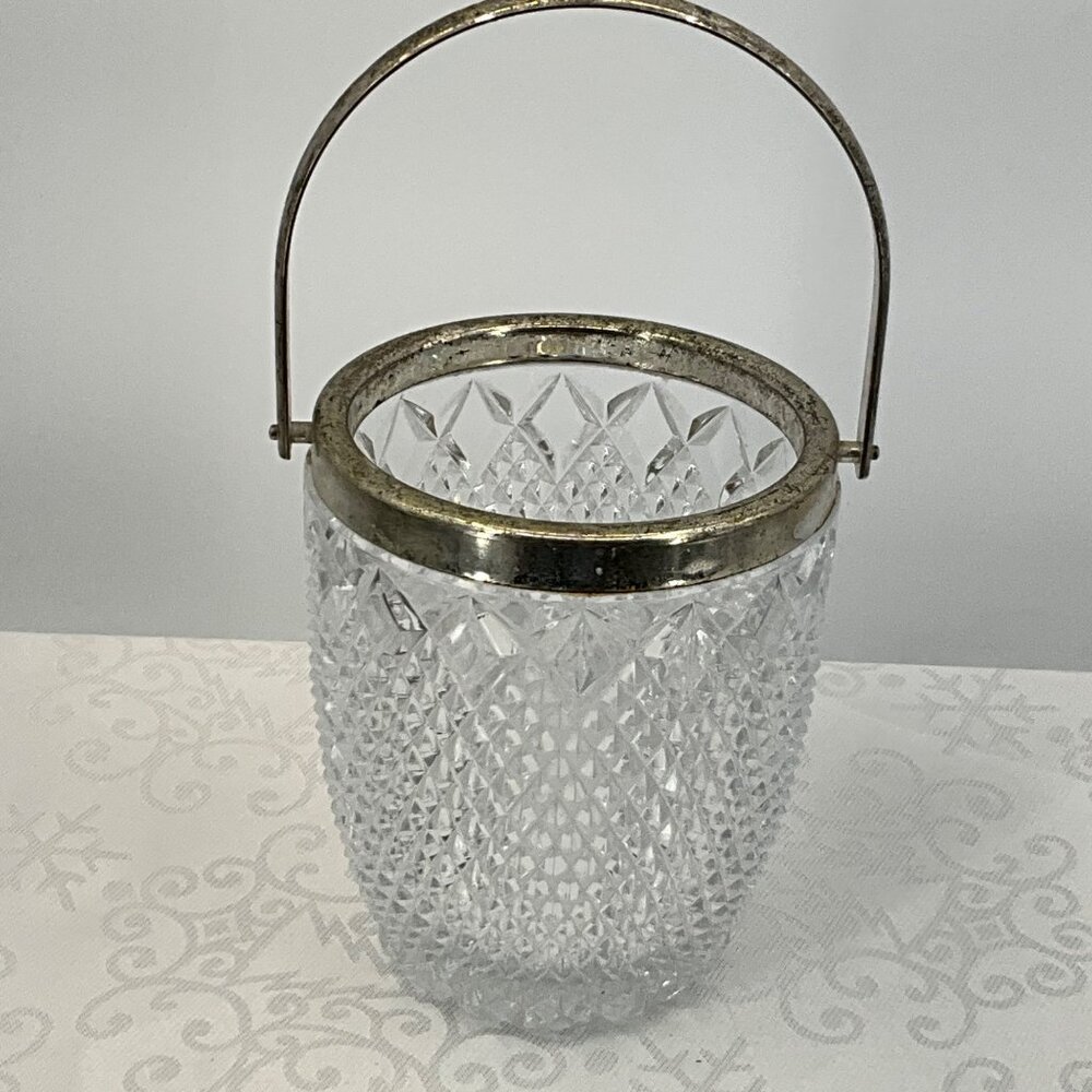 Vintage Cut Glass Ice Bucket With Metal Handle &‎ Silver-Tone Rim